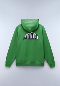 Sudadera verde de mezcla de algodón, que presenta un gran logo de montaña en blanco y negro en la parte posterior. Textura suave y bolsillo tipo canguro en la parte delantera.