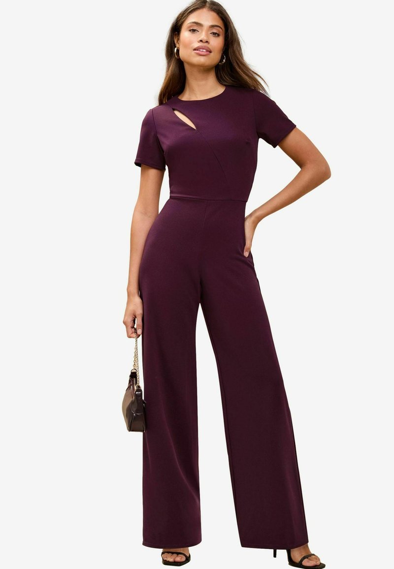 Bordeaux jumpsuit met korte mouwen, een uitsnijding bij de halslijn en een wijde broekspijp. Glad, rekbaar materiaal met minimale accenten.