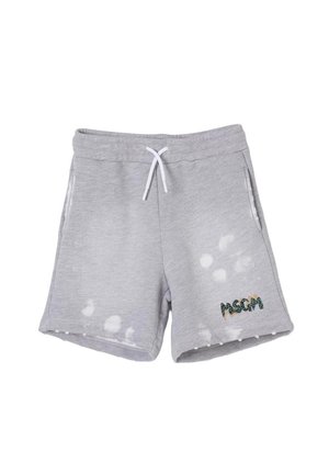 Pantaloncini grigio chiaro con coulisse, tasche laterali e macchie sbiancate bianche, con logo "MSGM" multicolore sulla gamba destra.