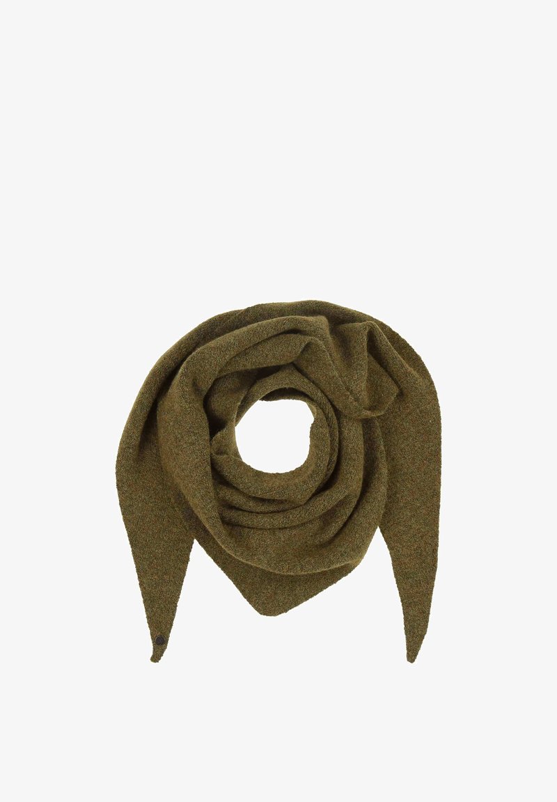 Écharpe tricotée verte, texture douce, extrémités triangulaires, design en boucle, présentant un subtil mélange de fils verts foncés et clairs.