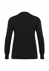 Haut noir à manches longues en tissu lisse, avec un col rond et des poignets froncés pour plus de détails. Design simple et minimaliste.