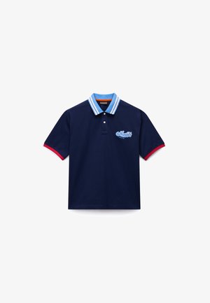 Navy polo shirt with blue and white striped collar. Features red accents on sleeves and embroidered logo on the left chest.