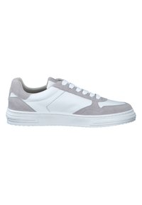 Adidași albi cu un superior din piele netedă și accente din suede gri deschis. Design cu șireturi, vârf rotunjit și talpă din cauciuc texturat.