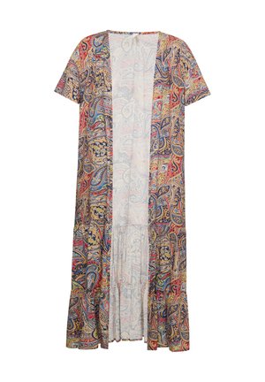 Langer, leichter Kimono mit einem lebendigen Paisley-Muster in Rot, Blau und Goldtönen, mit kurzen Ärmeln und einem fließenden Design.