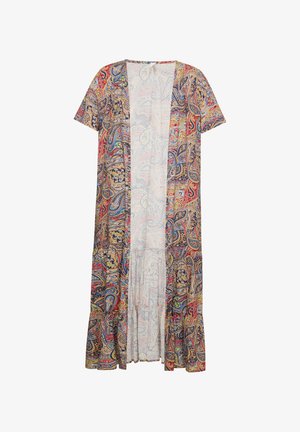 Long, lightweight kimono featuring a vibrant paisley pattern in red, blue, and gold tones, with short sleeves and a flowing design.