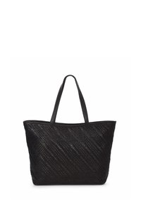 Bolso tote negro tejido con superficie texturizada, dos asas resistentes y forma rectangular espaciosa. Sin hardware ni acentos adicionales.