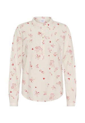 Garām piedurknēm blūze no krēmkrāsas auduma ar sarkanu grafisku rakstu, kas ietver rotaļīgas ilustrācijas, aizdares jostu un savāktus detaļas pie apkakles.