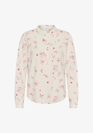 Garām piedurknēm blūze no krēmkrāsas auduma ar sarkanu grafisku rakstu, kas ietver rotaļīgas ilustrācijas, aizdares jostu un savāktus detaļas pie apkakles.