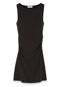 Schwarzes ärmelloses Kleid aus weichem Stoff, mit Rundhalsausschnitt und gerafften Details an den Seiten für eine fließende Silhouette.