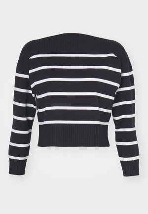 Cropped sweater in navy blue with white horizontal stripes. Features ribbed neckline and cuffs, textured knit throughout.