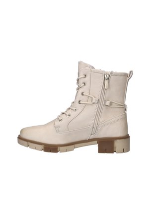 Bottine beige à bout rond, à lacets à l'avant et fermeture éclair sur le côté, fabriquée en cuir, avec une finition texturée et un talon épais et solide.