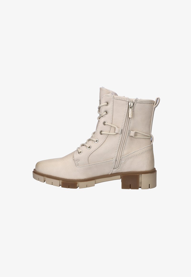 Beige enkelboot met ronde neus, vetersluiting aan de voorkant en zijrits, gemaakt van leer, met een gestructureerde afwerking en een chunky, stevige hak.