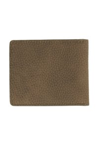Portefeuille en cuir texturé marron avec des coutures visibles le long des bords, présenté fermé sur un fond blanc.