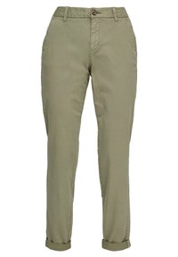 Pantalon droit vert olive avec fermeture à bouton et zip, passants de ceinture, poches latérales et revers retroussés.