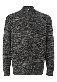 Grijs en zwart gemêleerd gebreid sweater met een hoge kraag, half-rits sluiting en geribde manchetten en zoom. Zachte textuur en een ontspannen pasvorm.