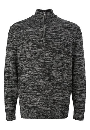 Grau und schwarz melierter Strickpullover mit hohem Kragen, halbseitigem Reißverschluss und gerippten Bündchen und Saum. Weiche Textur und entspannter Schnitt.