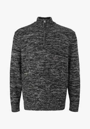 Grau und schwarz melierter Strickpullover mit hohem Kragen, halbseitigem Reißverschluss und gerippten Bündchen und Saum. Weiche Textur und entspannter Schnitt.