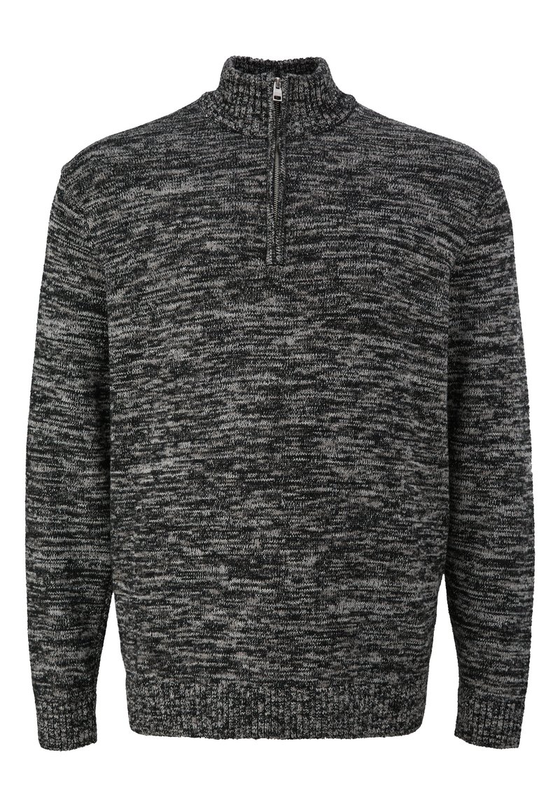 Grijs en zwart gemêleerd gebreid sweater met een hoge kraag, half-rits sluiting en geribde manchetten en zoom. Zachte textuur en een ontspannen pasvorm.