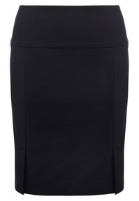 Jupe crayon noire avec une taille haute, dotée de fentes latérales pour faciliter les mouvements. Fabriquée en matériau lisse et stretch.