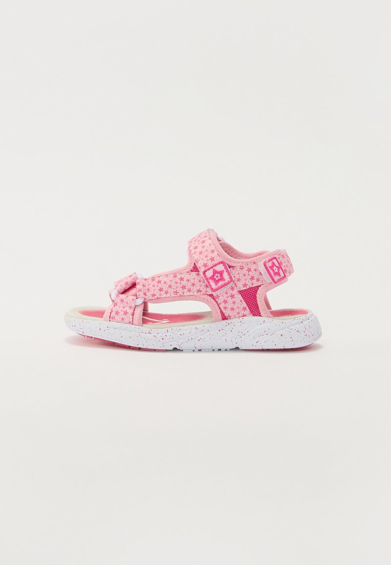 Ροζ παιδικές σαγιονάρες με υφή στην επάνω πλευρά, σχέδιο αστέρια, ρυθμιζόμενες βελκρό λωρίδες και λευκή σόλα με σπασμένα σημεία.