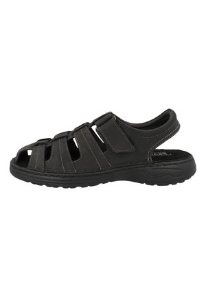 Herren schwarze Leder-Sandale mit offenem Zehenbereich, Klettverschluss und gepolsterter Sohle, für Komfort und Atmungsaktivität konzipiert.