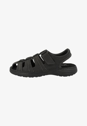 Herren schwarze Leder-Sandale mit offenem Zehenbereich, Klettverschluss und gepolsterter Sohle, für Komfort und Atmungsaktivität konzipiert.