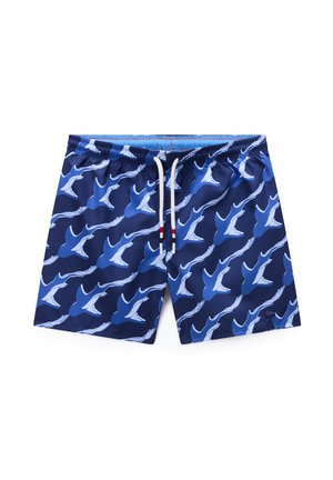 Marineblå badeshorts med hvid snor og gentaget mønster af blå og hvide djævlerokker.