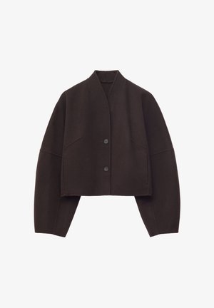 Dark brown cropped jacket with a V-neck collar, long sleeves, and two front buttons on a plain white background.