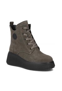 Szare zamszowe botki za kostkę z czarną gumową platformą, sznurowane z przodu, z okrągłym detalem na boku. Gładka struktura i nowoczesny design.
