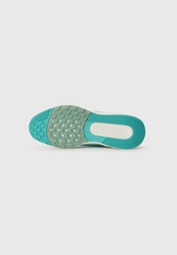 Schuhsohle mit einem hellblauen und grünen Design, strukturiert für Grip; verfügt über eine glatte weiße Zwischensohle und ein kleines sternförmiges Muster auf der Unterseite.