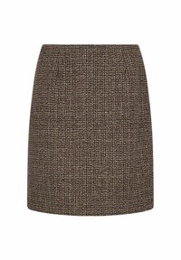 Brun tweed-skjorte med en enkel, lige silhuet, der har et tekstureret stof og subtile farvepletter hele vejen igennem. Midt-til-lår længde.