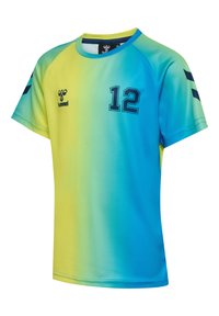 Sportowa koszulka z krótkim rękawem z gradientem od żółtego do niebieskiego, czarny numer 12 na piersi oraz czarne logo po lewej stronie i na rękawach.