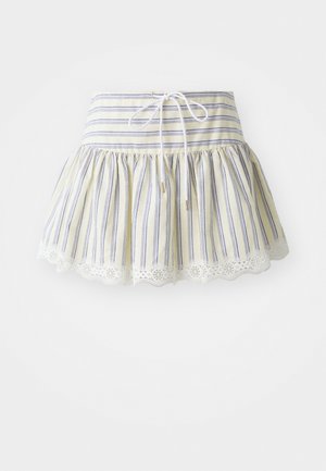 Kollane ja sinine triibuline seelik, millel on kogutud vöökoht, nööriga ja pitsäär. Puuvillane kangas.