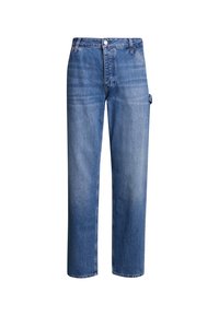 Jeans de mezclilla azul con un diseño de pierna recta, que cuentan con un bolsillo lateral y un cierre de botón en la parte superior. La tela tiene una textura de lavado medio.