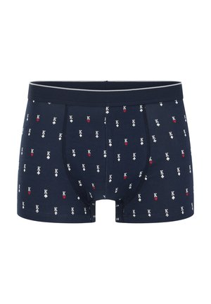 Moške bokser hlačke v mornarsko modri barvi s razpršenim vzorcem belih črk "K" ter rdečih in belih simbolov iz kart.