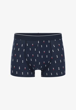 Moške bokser hlačke v mornarsko modri barvi s razpršenim vzorcem belih črk "K" ter rdečih in belih simbolov iz kart.