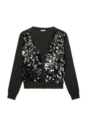 Cárdigan gris oscuro con escote en v, botones frontales y decorado con lentejuelas circulares plateadas en los paneles izquierdo y derecho.