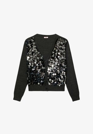 Donkergrijs vest met V-hals, knopen aan de voorkant en versierd met zilverkleurige ronde pailletten op het linker- en rechterpaneel.