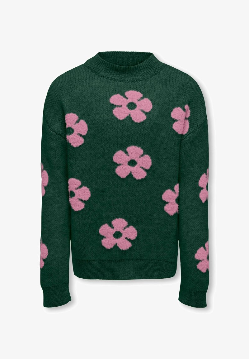 Pull en tricot vert foncé orné de motifs de fleurs à cinq pétales roses régulièrement espacés sur le devant, les manches et les épaules, avec un col montant côtelé.