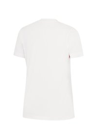 Bílá bavlněná tričko s tradičním kulatým výstřihem a krátkými rukávy. Záda mají hladký povrch, bez viditelných log nebo vzorů.