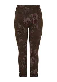 Blommönstrade byxor i mörkbrunt, med en texturerad tyg, kroppsnära passform, uppvikta fållar och ett elastiskt midjeband för komfort.