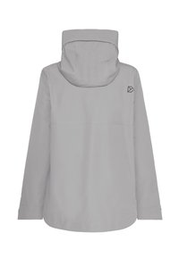 Světle šedá pláštěnka s kapucí a dlouhými rukávy, s jemným logem na pravé horní straně zad, zobrazená zezadu.