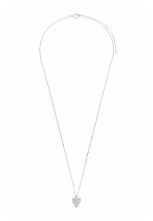 Collier fin en chaîne argentée avec un petit pendentif en forme de cœur incrusté de cristaux clairs, avec une fermeture réglable.