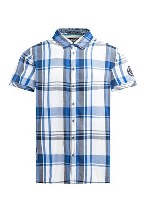Kurzarm-Hemd zum Knöpfen mit blauem, grauem und weißem karriertem Muster und einem kleinen runden Aufnäher auf dem linken Ärmel.
