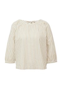 Blouse rayée beige et blanche à manches bouffantes 3/4 avec un petit nœud noué au niveau du col sur un fond blanc.