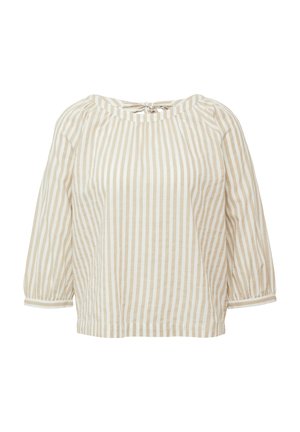 Beige-weiß gestreifte Bluse mit vertikalen Streifen, 3/4-Ärmeln mit Puffdetails und einer kleinen Schleife am Hals, auf einem weißen Hintergrund.