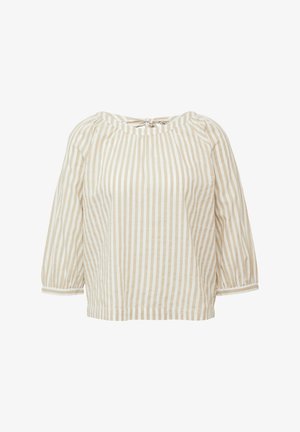 Beżowa i biała bluzka w pionowe paski z 3/4 puff sleeves i małą kokardą zawiązaną przy dekolcie na białym tle.