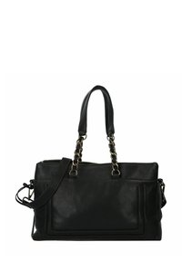 Borsa a tracolla in pelle nera con finitura testurizzata, doppie maniglie e tracolla regolabile. Presenta hardware in tonalità oro e chiusura con zip.