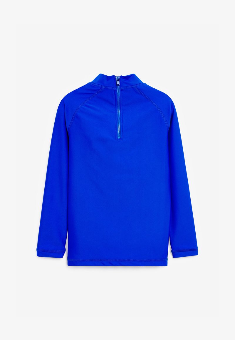 Sportieve longsleeve top in heldere blauwe stof. Voorzien van een hoge kraag en een halve rits aan de achterkant. Glad textuur met rek.