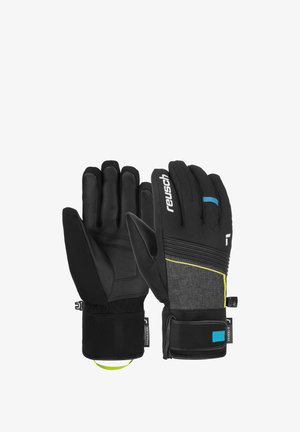 Schwarze Handschuhe mit Lederpalmen und Stoffrücken. Merkmale einen strukturierten grauen Bereich und Akzente in Blau und Limegrün. Verstellbare Manschetten.
